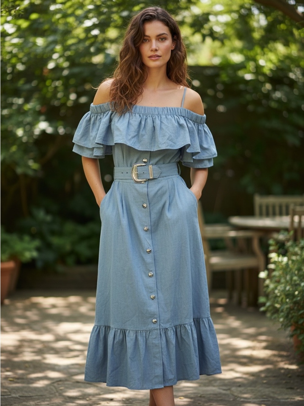 Choon Blue Off-Shoulder Ruffle Midi Dress with Belt